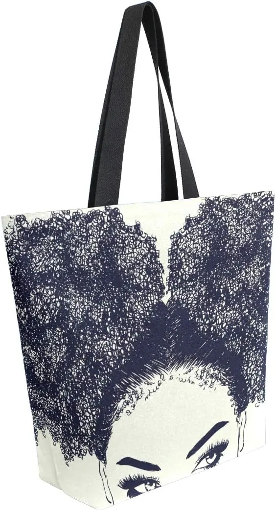 ALAZA Large Canvas Tote Bag African American Woman With Curly Hair Shopping Shoulder Handbag