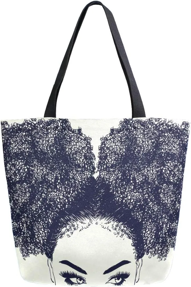 ALAZA Large Canvas Tote Bag African American Woman With Curly Hair Shopping Shoulder Handbag