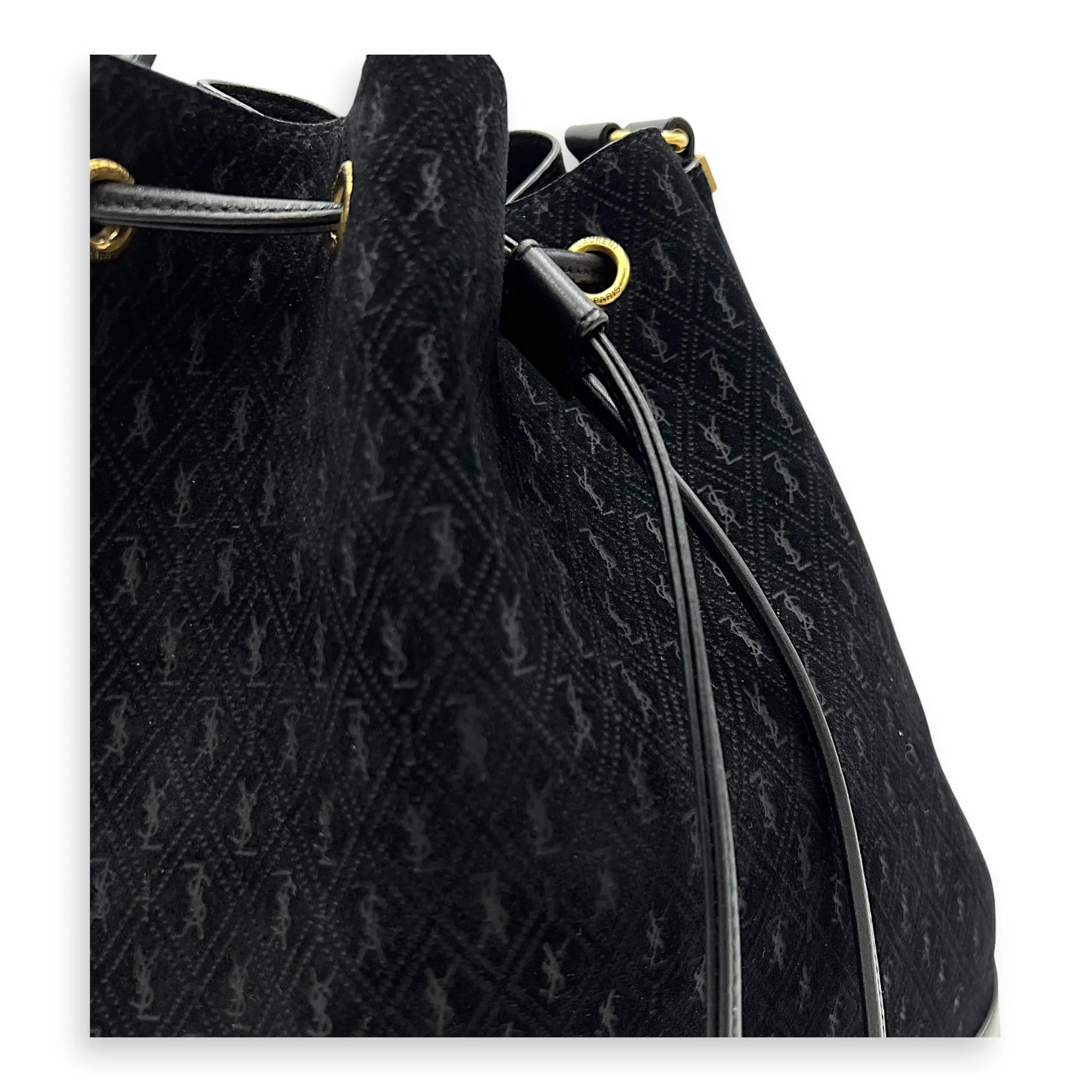All Over Black Bucket Bag in Suede Leather, Gold hardware