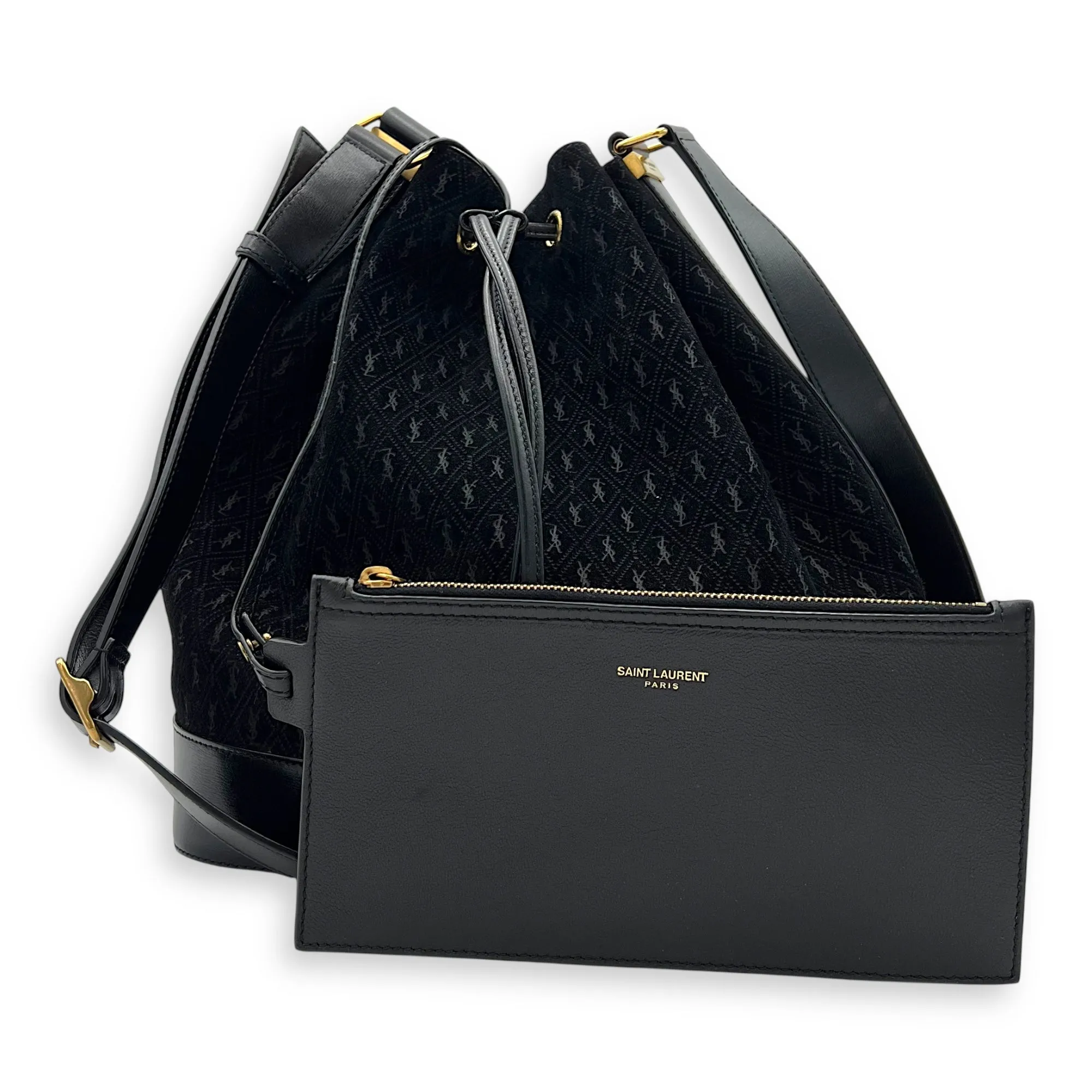 All Over Black Bucket Bag in Suede Leather, Gold hardware