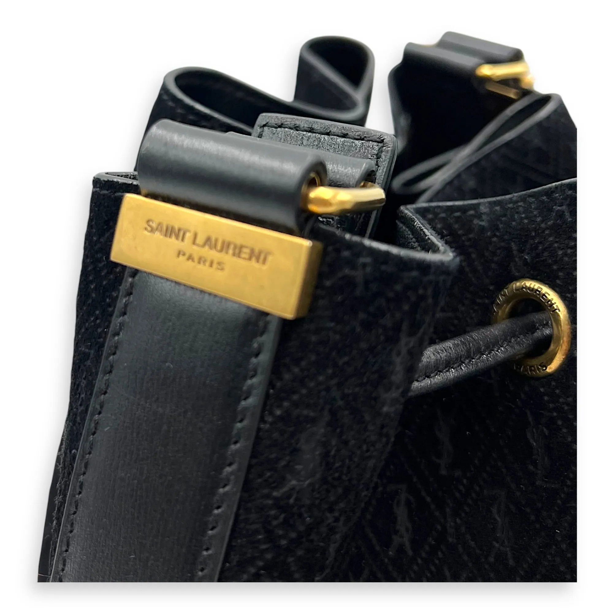 All Over Black Bucket Bag in Suede Leather, Gold hardware