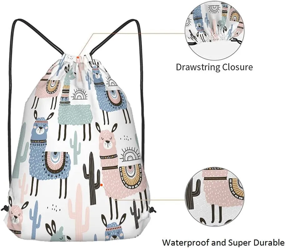 Alpaca Drawstring Bags Backpack Bag Llama Cactus Cartoon Animal Funny Bohemian Style Boho Design Hand Drawn Sport Gym Sack Drawstring Bag String Bag Yoga Bag for Men Women