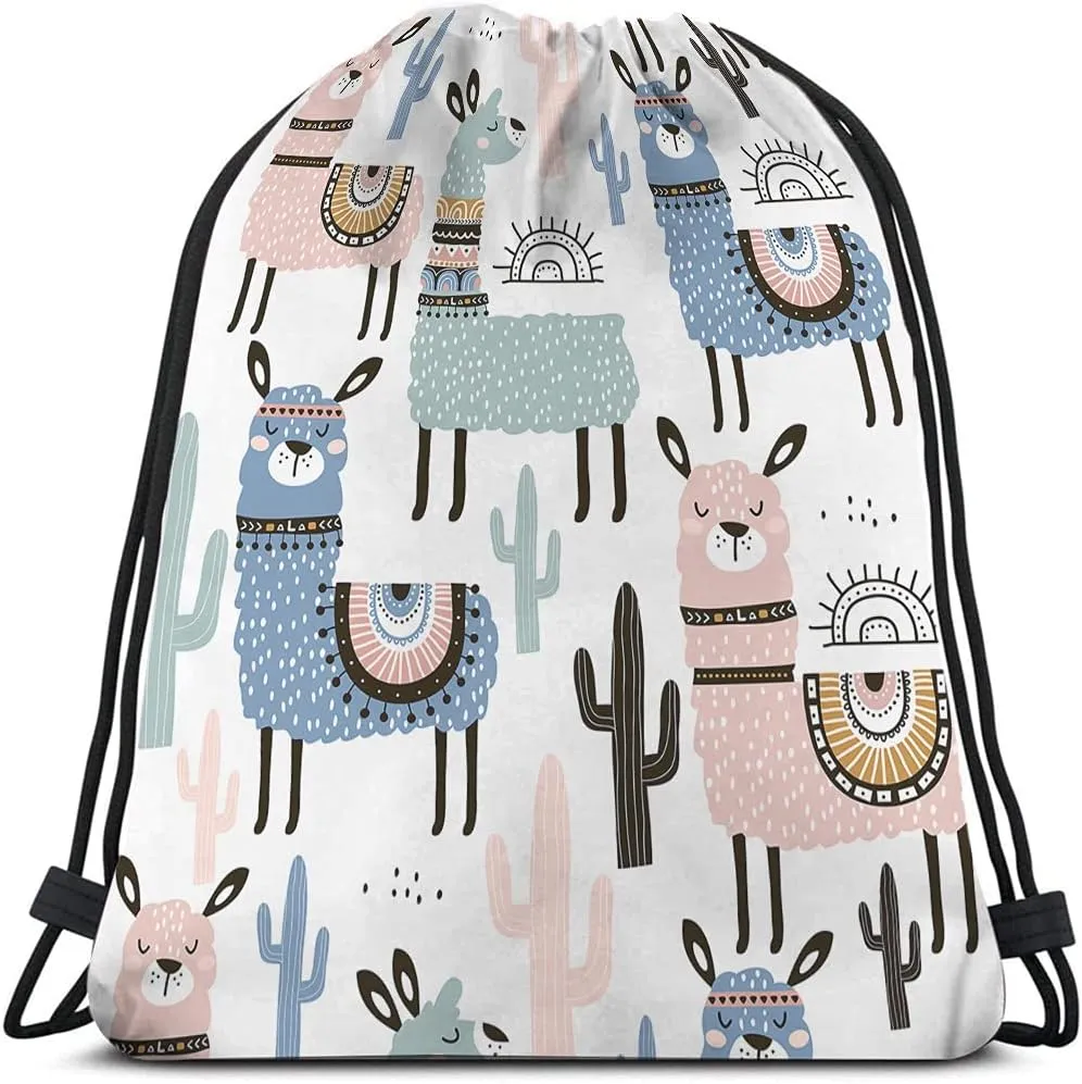 Alpaca Drawstring Bags Backpack Bag Llama Cactus Cartoon Animal Funny Bohemian Style Boho Design Hand Drawn Sport Gym Sack Drawstring Bag String Bag Yoga Bag for Men Women