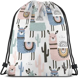 Alpaca Drawstring Bags Backpack Bag Llama Cactus Cartoon Animal Funny Bohemian Style Boho Design Hand Drawn Sport Gym Sack Drawstring Bag String Bag Yoga Bag for Men Women