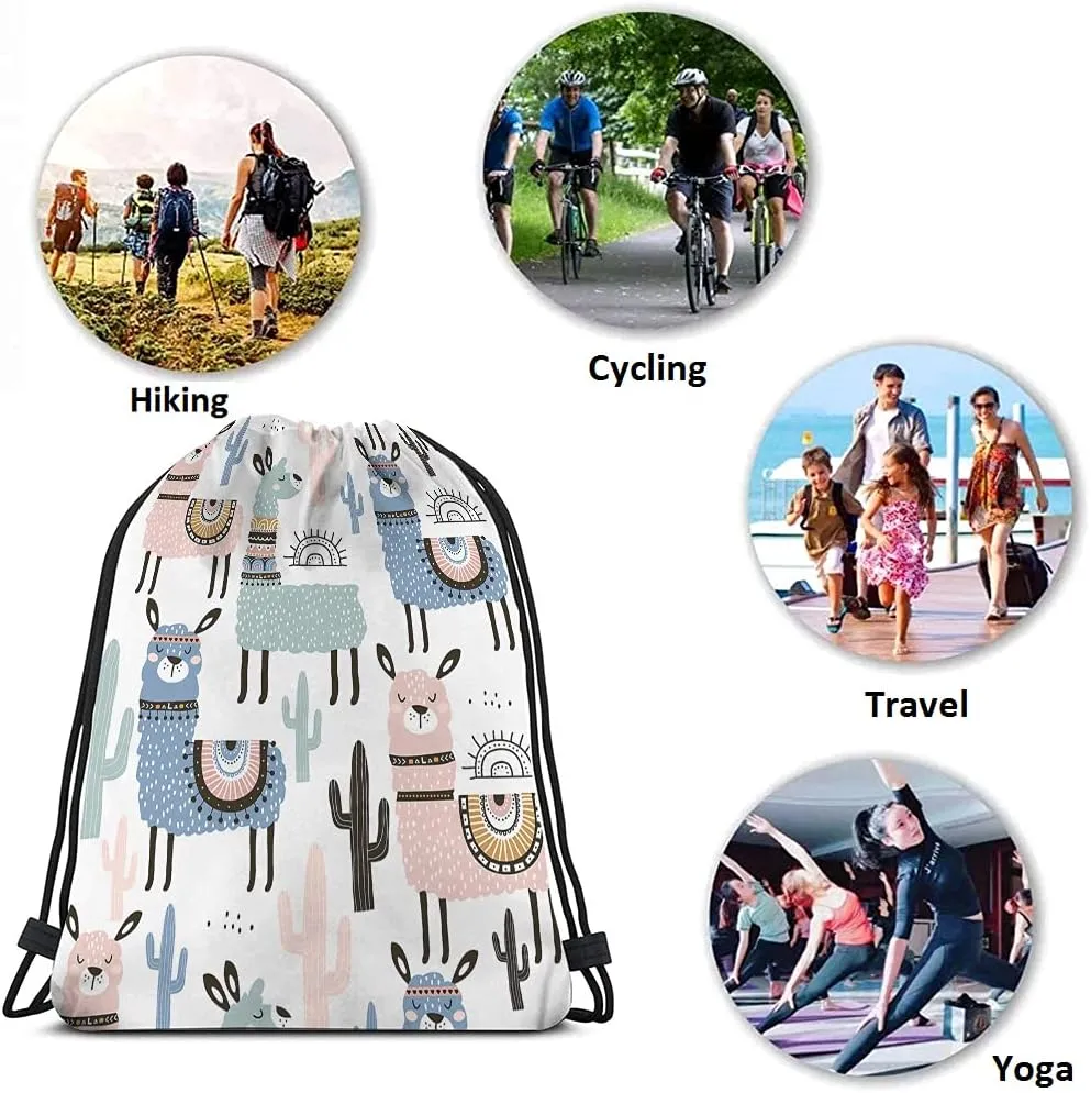 Alpaca Drawstring Bags Backpack Bag Llama Cactus Cartoon Animal Funny Bohemian Style Boho Design Hand Drawn Sport Gym Sack Drawstring Bag String Bag Yoga Bag for Men Women