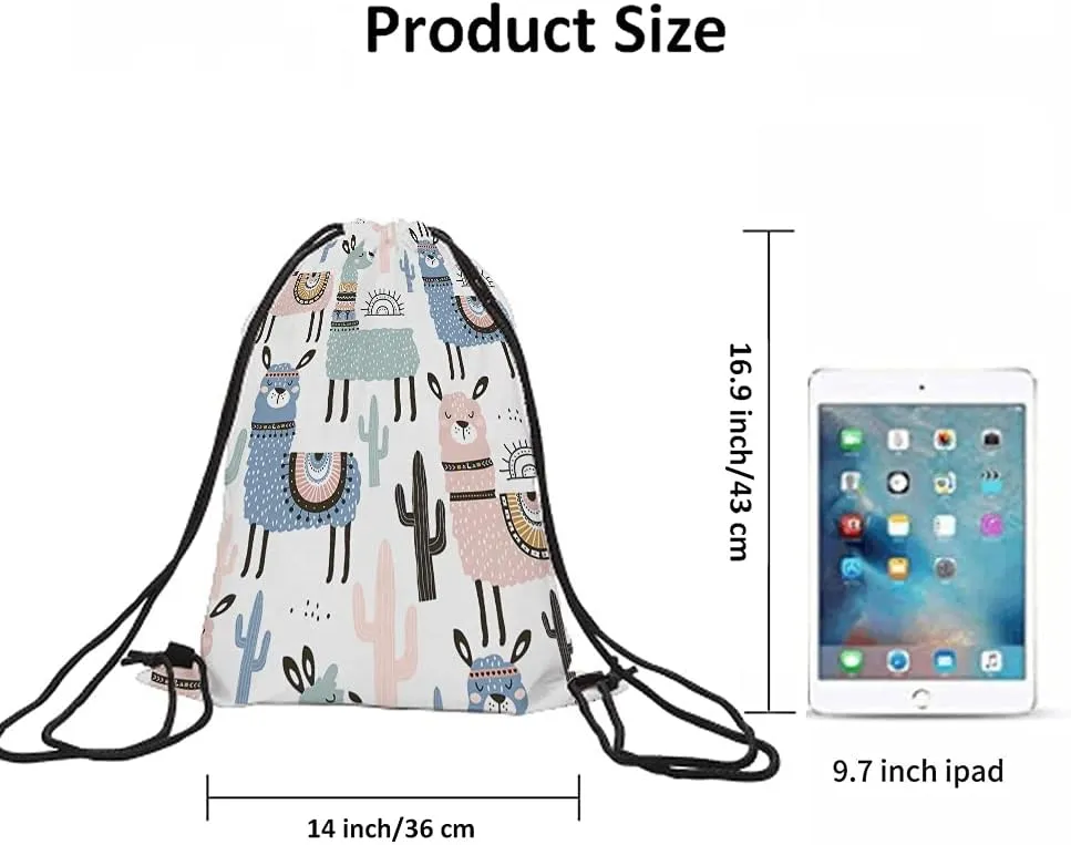 Alpaca Drawstring Bags Backpack Bag Llama Cactus Cartoon Animal Funny Bohemian Style Boho Design Hand Drawn Sport Gym Sack Drawstring Bag String Bag Yoga Bag for Men Women