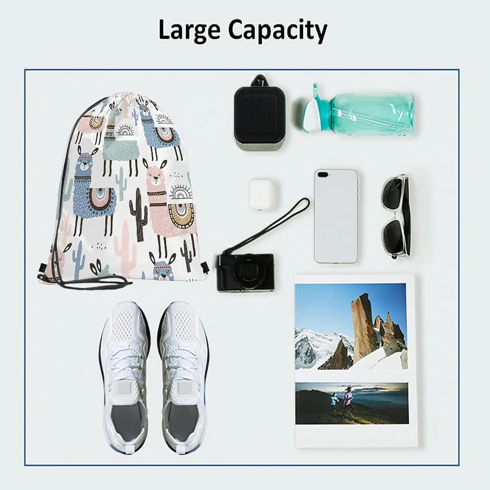 Alpaca Drawstring Bags Backpack Bag Llama Cactus Cartoon Animal Funny Bohemian Style Boho Design Hand Drawn Sport Gym Sack Drawstring Bag String Bag Yoga Bag for Men Women