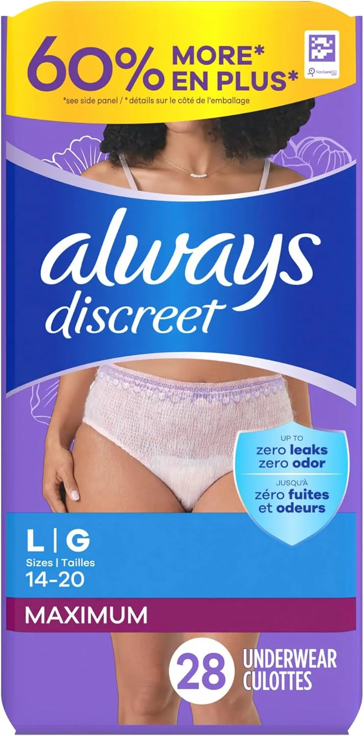 Always Discreet Adult Incontinence Underwear for Women and Postpartum Underwear, L, Up to 100% Bladder Leak Protection, 28 Count (Packaging May Vary)