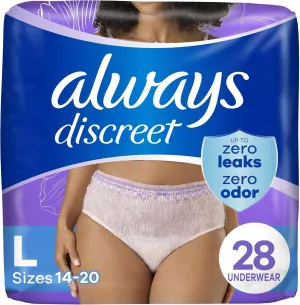 Always Discreet Adult Incontinence Underwear for Women and Postpartum Underwear, L, Up to 100% Bladder Leak Protection, 28 Count (Packaging May Vary)