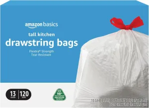 Amazon Basics 13 Gallon Flextra Strength Tall Kitchen Drawstring Trash Bags, Clean Fresh Scnet, Tear Resistant, 10% Post Consumer Recycled, 120 Count