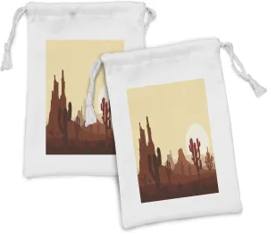 Ambesonne Cactus Fabric Pouch Set of 2, Arid Country Landscape Sunset in Stone Desert Saguaro and Mountains, Small Drawstring Bag for Toiletries Masks and Favors, 9" x 6", Yellow Brown Redwood