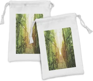 Ambesonne Central America Fabric Pouch Set of 2, Picture of Arenal Hanging Bridges Ecological Reserve Rainforest Costa Rica, Small Drawstring Bag for Toiletries Masks and Favors, 9" x 6", Multicolor