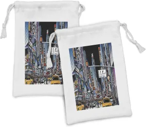 Ambesonne City Fabric Pouch Set of 2, Cartoon Style New York Night Scene Advertisements Crowded Streets Taxis Highway Exit, Small Drawstring Bag for Toiletries Masks and Favors, 9" x 6", Multicolor