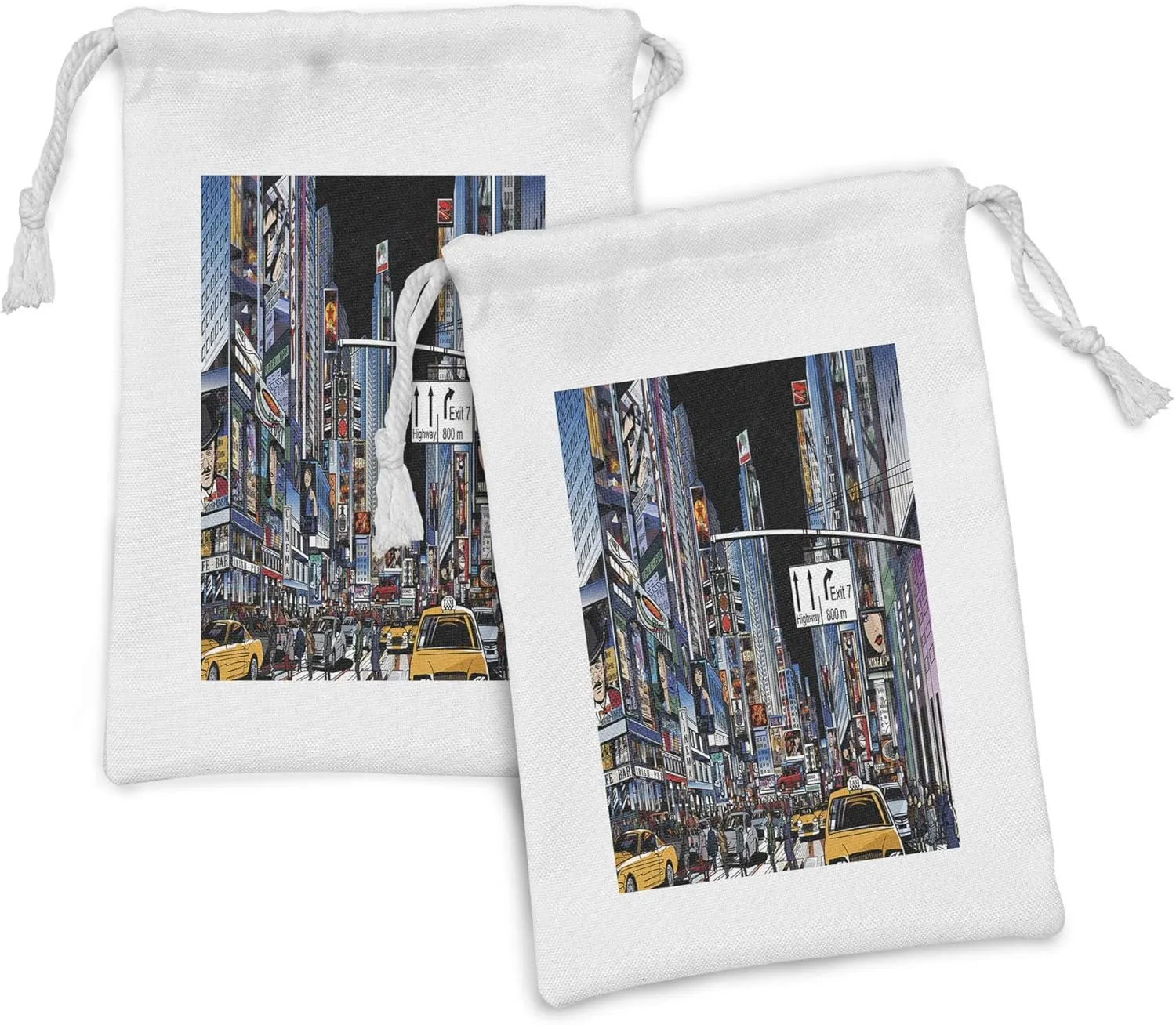 Ambesonne City Fabric Pouch Set of 2, Cartoon Style New York Night Scene Advertisements Crowded Streets Taxis Highway Exit, Small Drawstring Bag for Toiletries Masks and Favors, 9" x 6", Multicolor