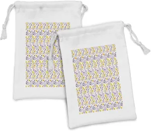 Ambesonne Flower Fabric Pouch Set of 2, Pattern with Flowers and Leaves ling Foliage Spring Rural Print, Small Drawstring Bag for Toiletries Masks and Favors, 9" x 6", Yellow Purple White