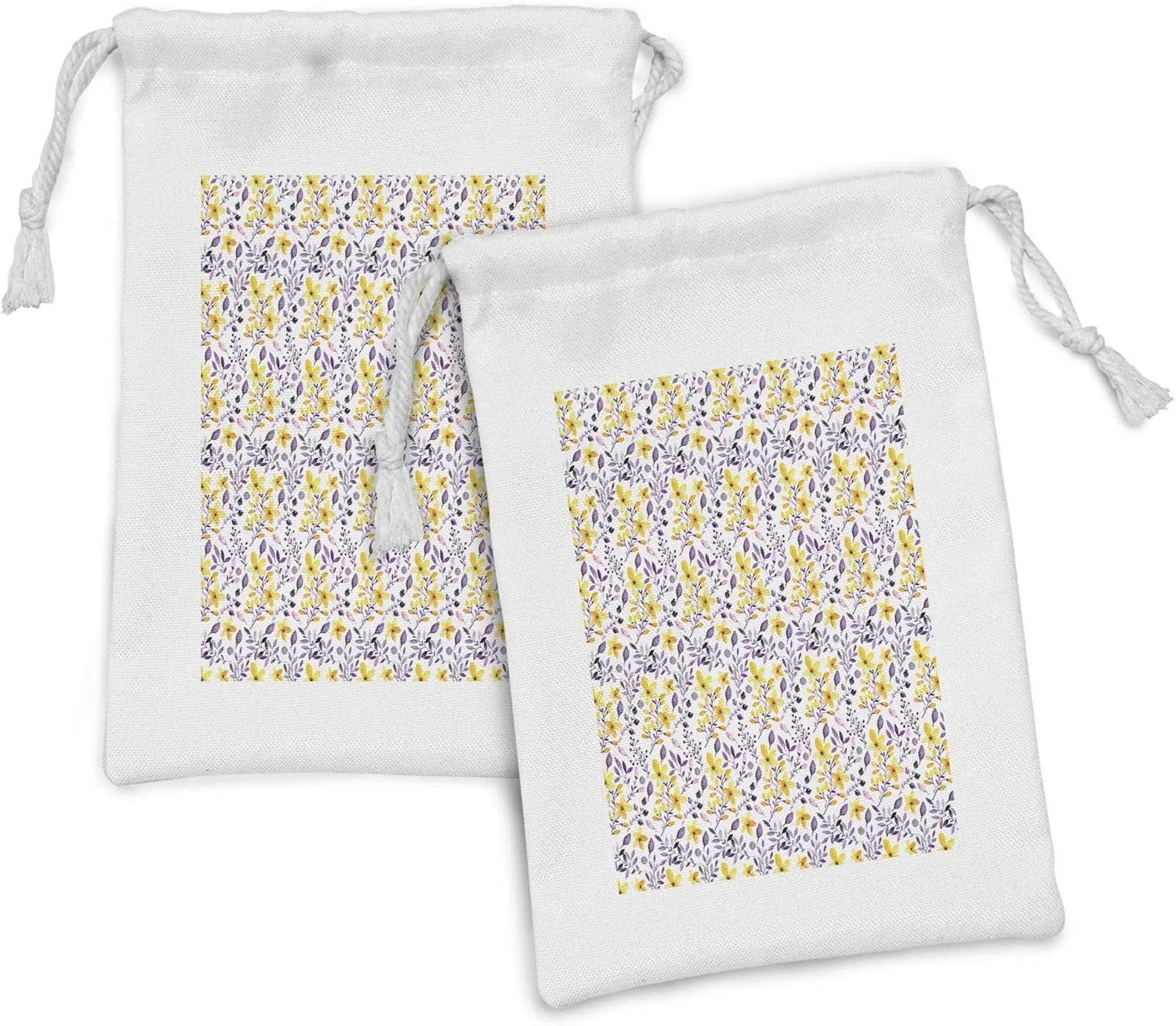 Ambesonne Flower Fabric Pouch Set of 2, Pattern with Flowers and Leaves ling Foliage Spring Rural Print, Small Drawstring Bag for Toiletries Masks and Favors, 9" x 6", Yellow Purple White
