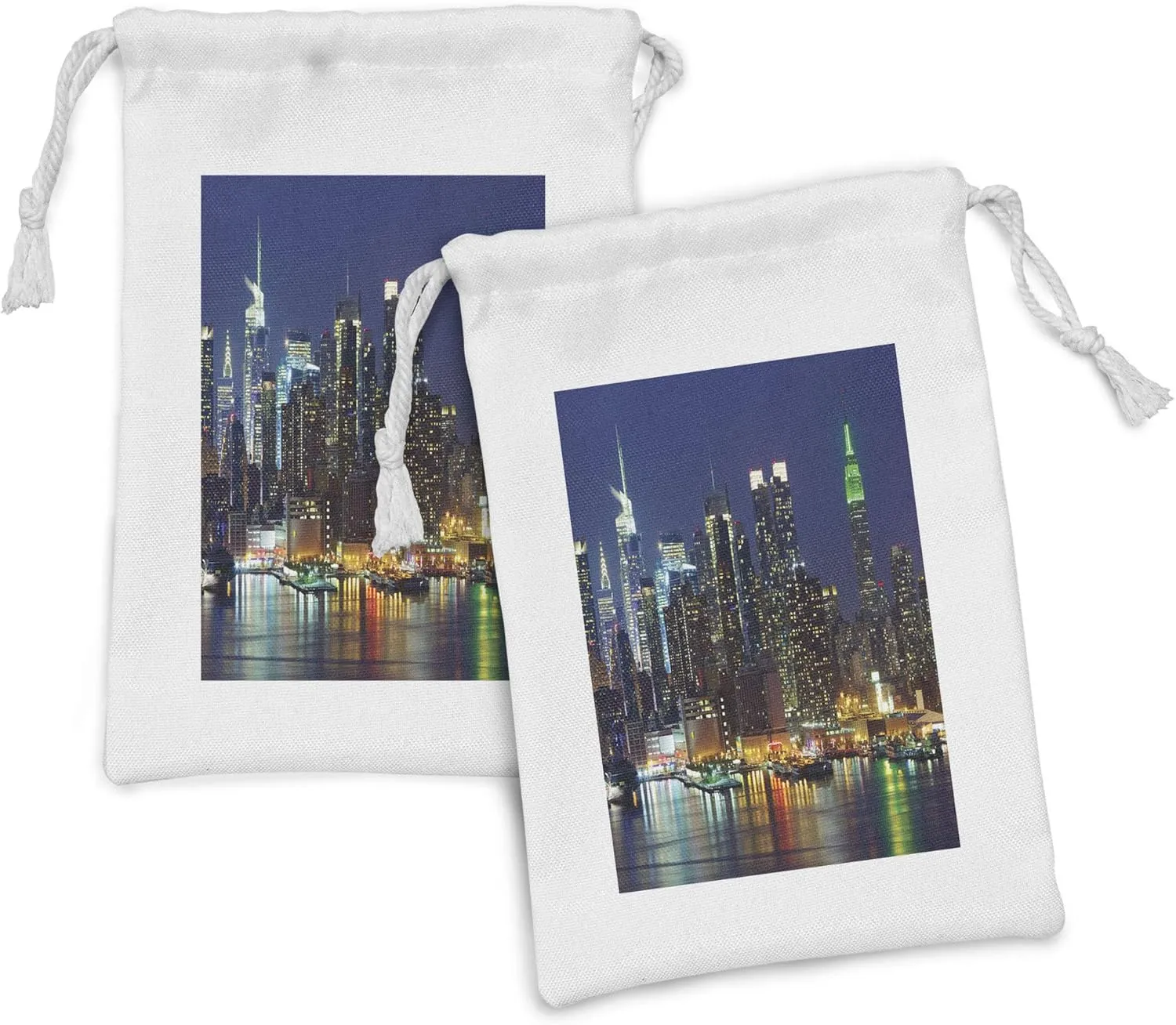 Ambesonne New York Fabric Pouch Set of 2, NYC Midtown Skyline in Evening Skyscrapers Metropolis City States Photo, Small Drawstring Bag for Toiletries Masks and Favors, 9" x 6", Royal Blue