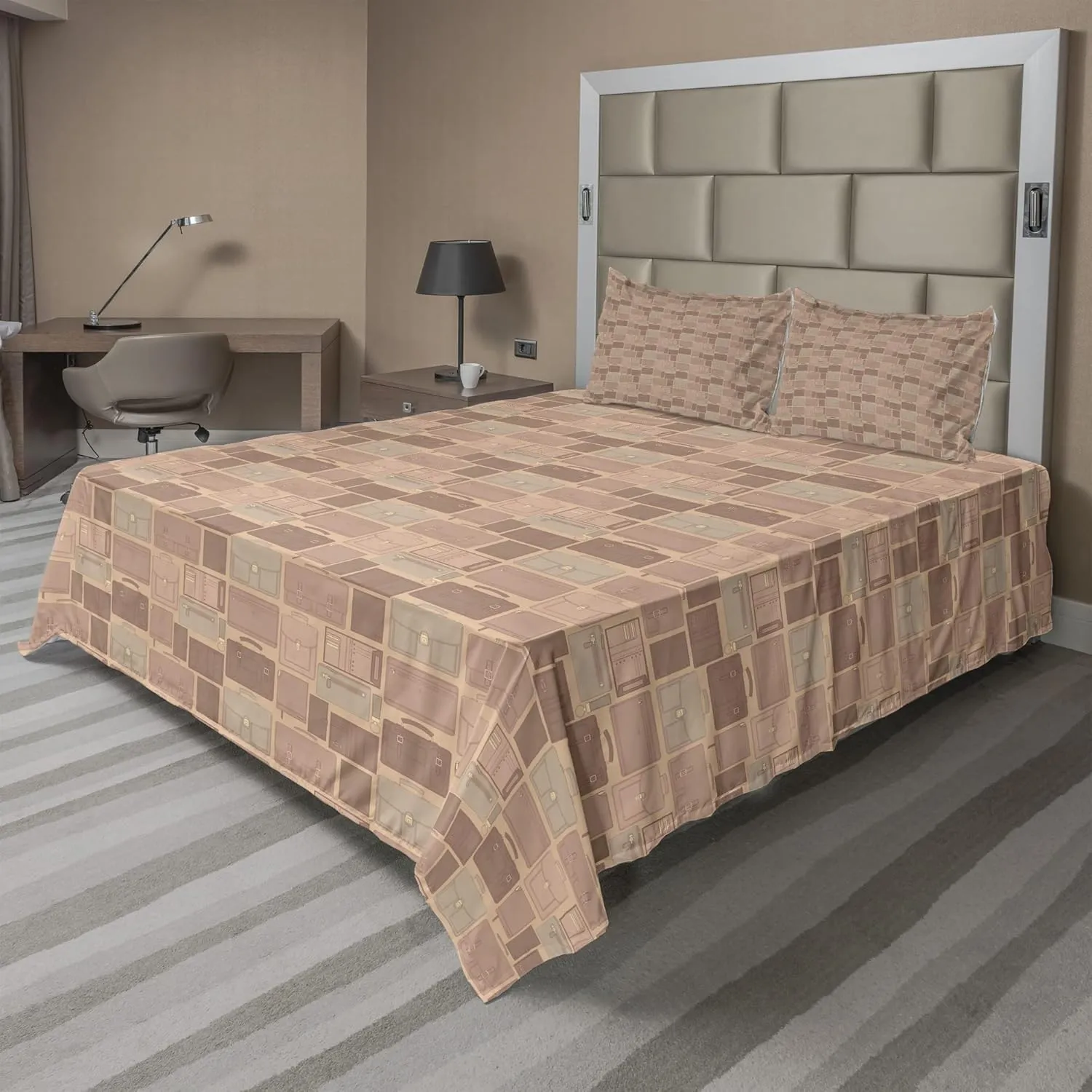 Ambesonne Retro Sheet Set, Travel Work Theme with Leather Bags Accessories Wallet Suitcase Purse, Fitted and Flat Sheet with Pillowcases Bedding Accent 4 Piece Set, Calking, Pale Salmon Mauve Taupe