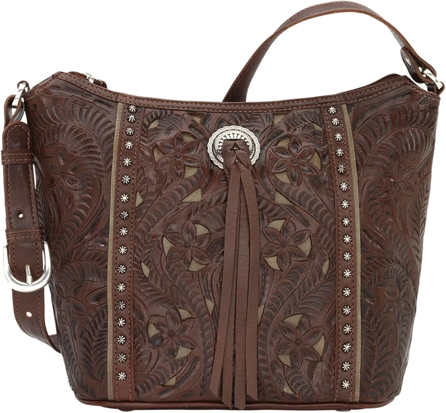 American West Hill Country Zip Top Bucket Tote - Genuine Leather Handbag for Women