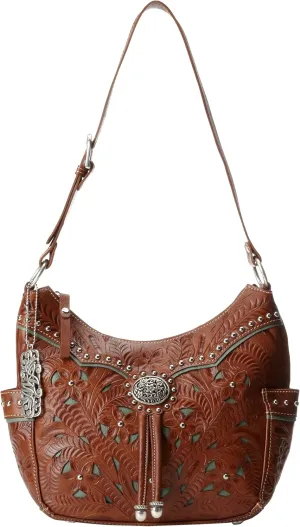 American West Womens Lady Lace 9.5in Hobo Medium Brown Leather Handbag Bag