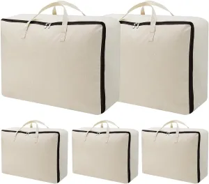 AMJ 5 Pack Oversized Storage Bag for Moving, Packing Supplies, Organizer Tote, Natural Cotton Canvas Zippered Sweater Bag, Reusable and Sustainable (Beige, 5 Pack)