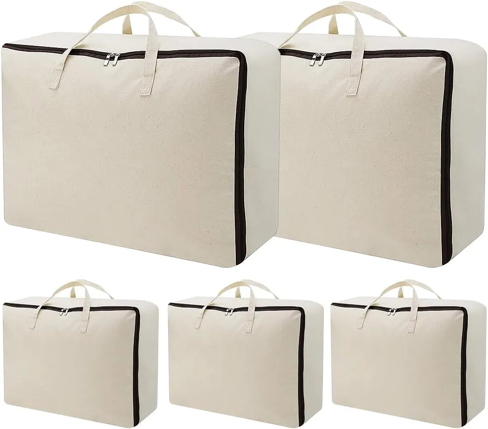 AMJ 5 Pack Oversized Storage Bag for Moving, Packing Supplies, Organizer Tote, Natural Cotton Canvas Zippered Sweater Bag, Reusable and Sustainable (Beige, 5 Pack)