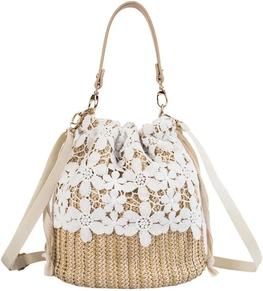 Andy's Orchids Straw Shoulder Bag, Lace Bucket Bohemia Summer Handbag Vocation Woven Tote Crossbody Bag for Women