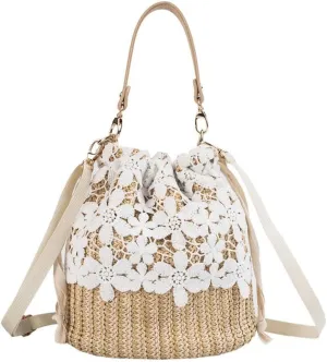 Andy's Orchids Straw Shoulder Bag, Lace Bucket Bohemia Summer Handbag Vocation Woven Tote Crossbody Bag for Women