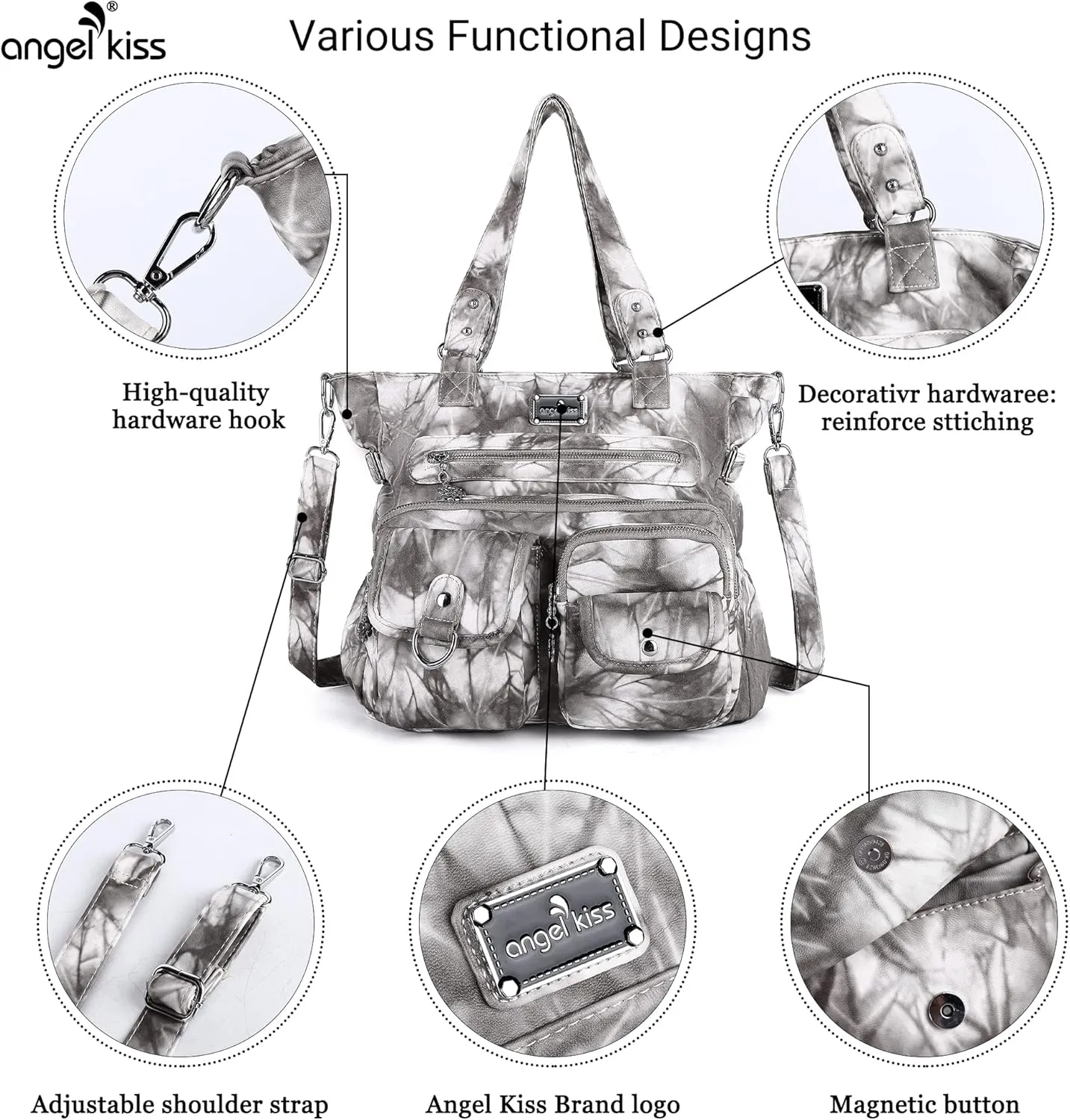 Angelkiss Purses Handbags for Women PU Tote Satchel Bags for Women Pockets Shoulder Bags…