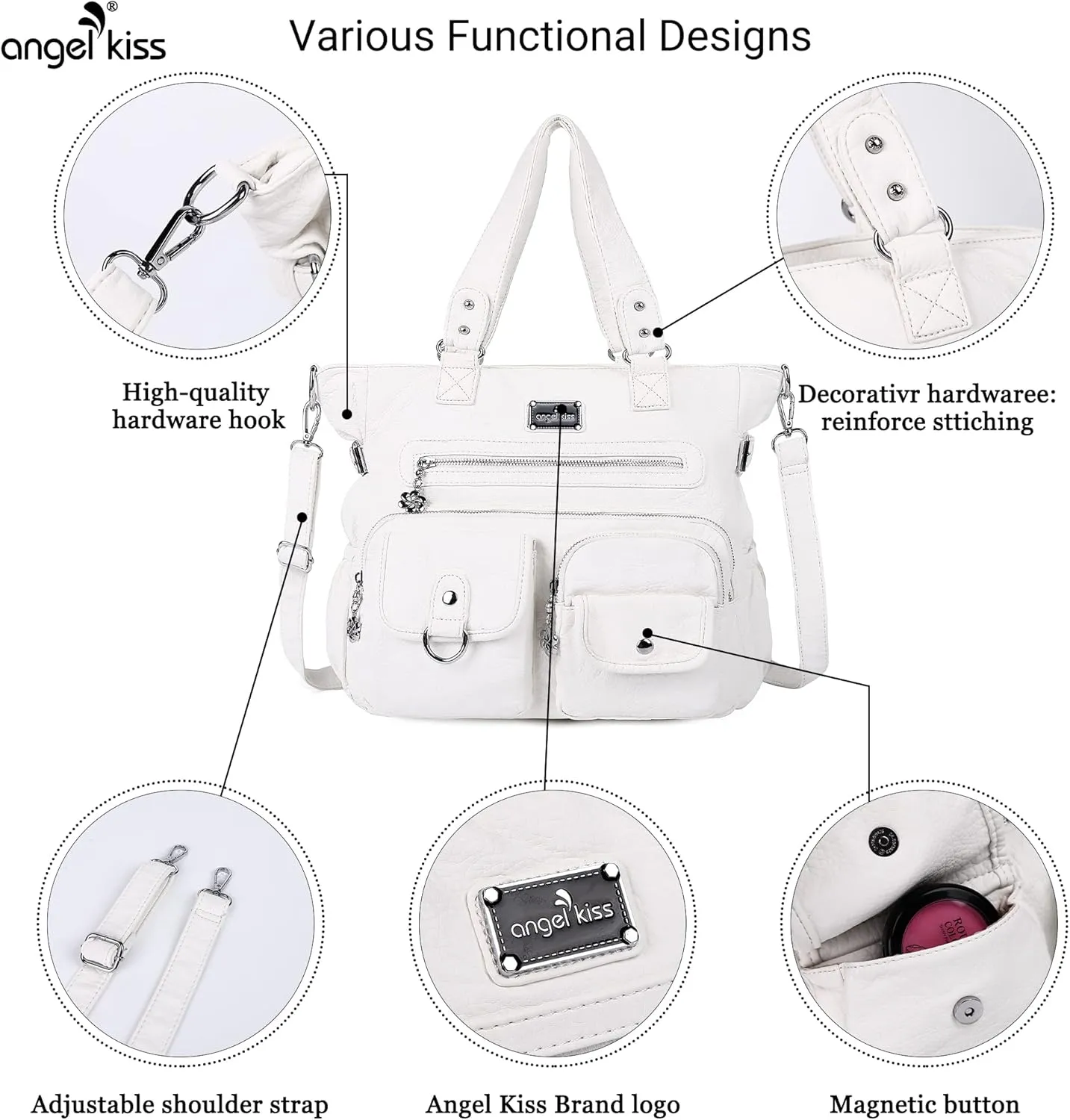 Angelkiss Purses Handbags for Women PU Tote Satchel Bags for Women Pockets Shoulder Bags…