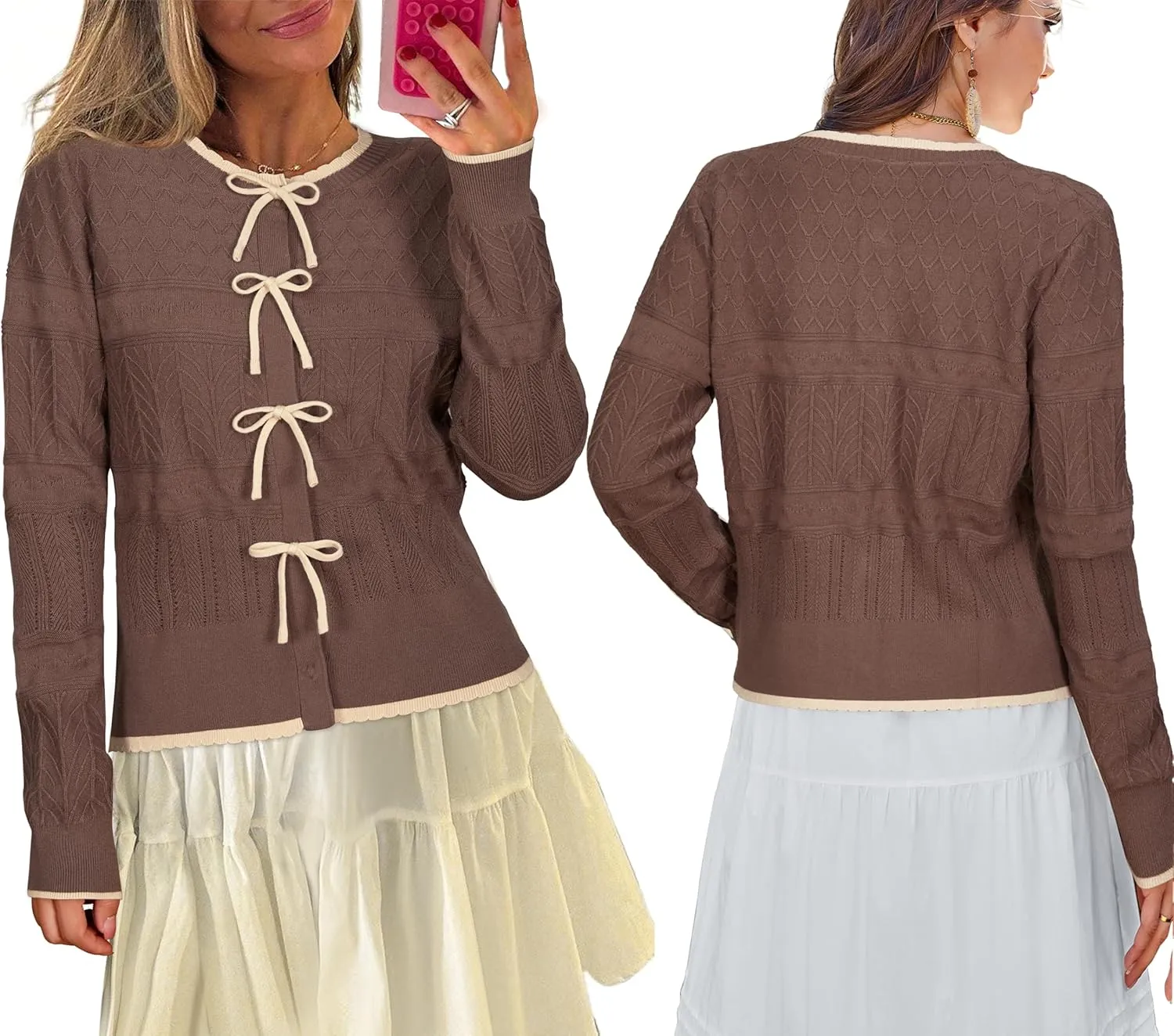 Arach&Cloz Bow Sweaters Easy Button Cardigan 2025 Spring Womens Tops Color Block Long Sleeve Casual Crew Neck Shirts