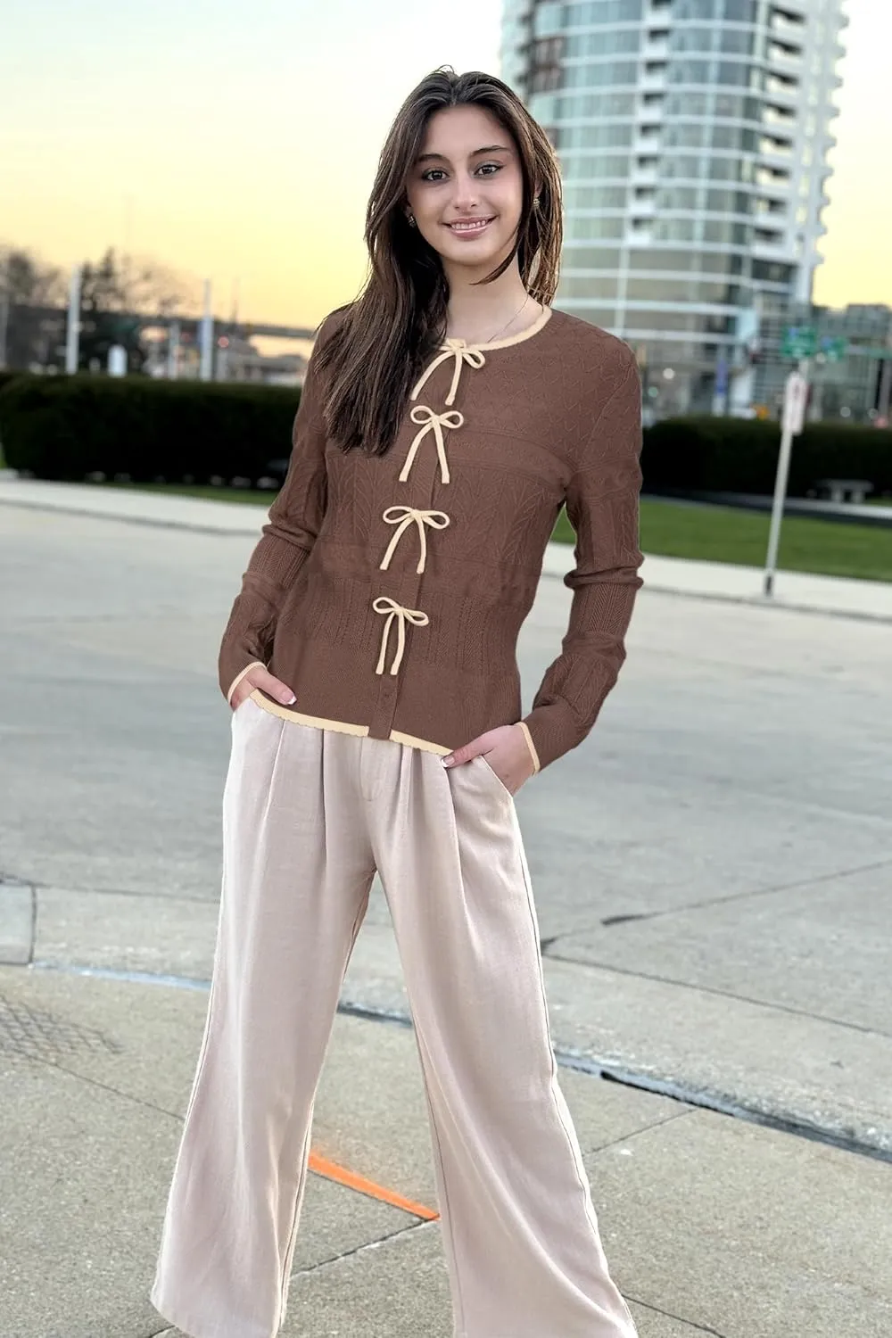 Arach&Cloz Bow Sweaters Easy Button Cardigan 2025 Spring Womens Tops Color Block Long Sleeve Casual Crew Neck Shirts