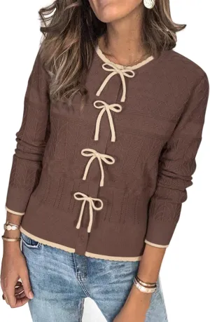 Arach&Cloz Bow Sweaters Easy Button Cardigan 2025 Spring Womens Tops Color Block Long Sleeve Casual Crew Neck Shirts