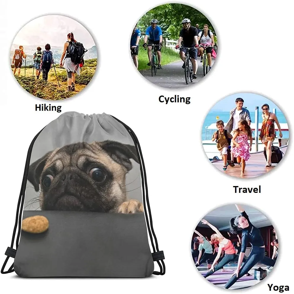 Art Cute Pet Drawstring Bags Backpack Bag Dog Lovely Animal Little Puppy Art Funny Pug Face Eyes Fashion Design Cookie Sport Gym Sack Drawstring Bag String Bag Yoga Bag for Men Women