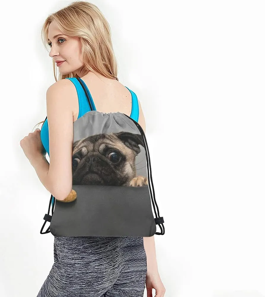 Art Cute Pet Drawstring Bags Backpack Bag Dog Lovely Animal Little Puppy Art Funny Pug Face Eyes Fashion Design Cookie Sport Gym Sack Drawstring Bag String Bag Yoga Bag for Men Women