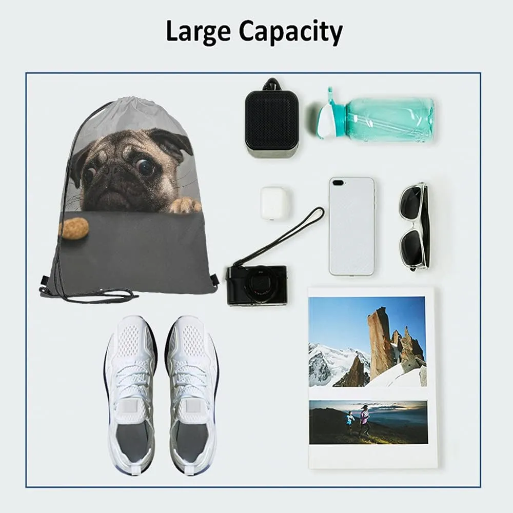 Art Cute Pet Drawstring Bags Backpack Bag Dog Lovely Animal Little Puppy Art Funny Pug Face Eyes Fashion Design Cookie Sport Gym Sack Drawstring Bag String Bag Yoga Bag for Men Women