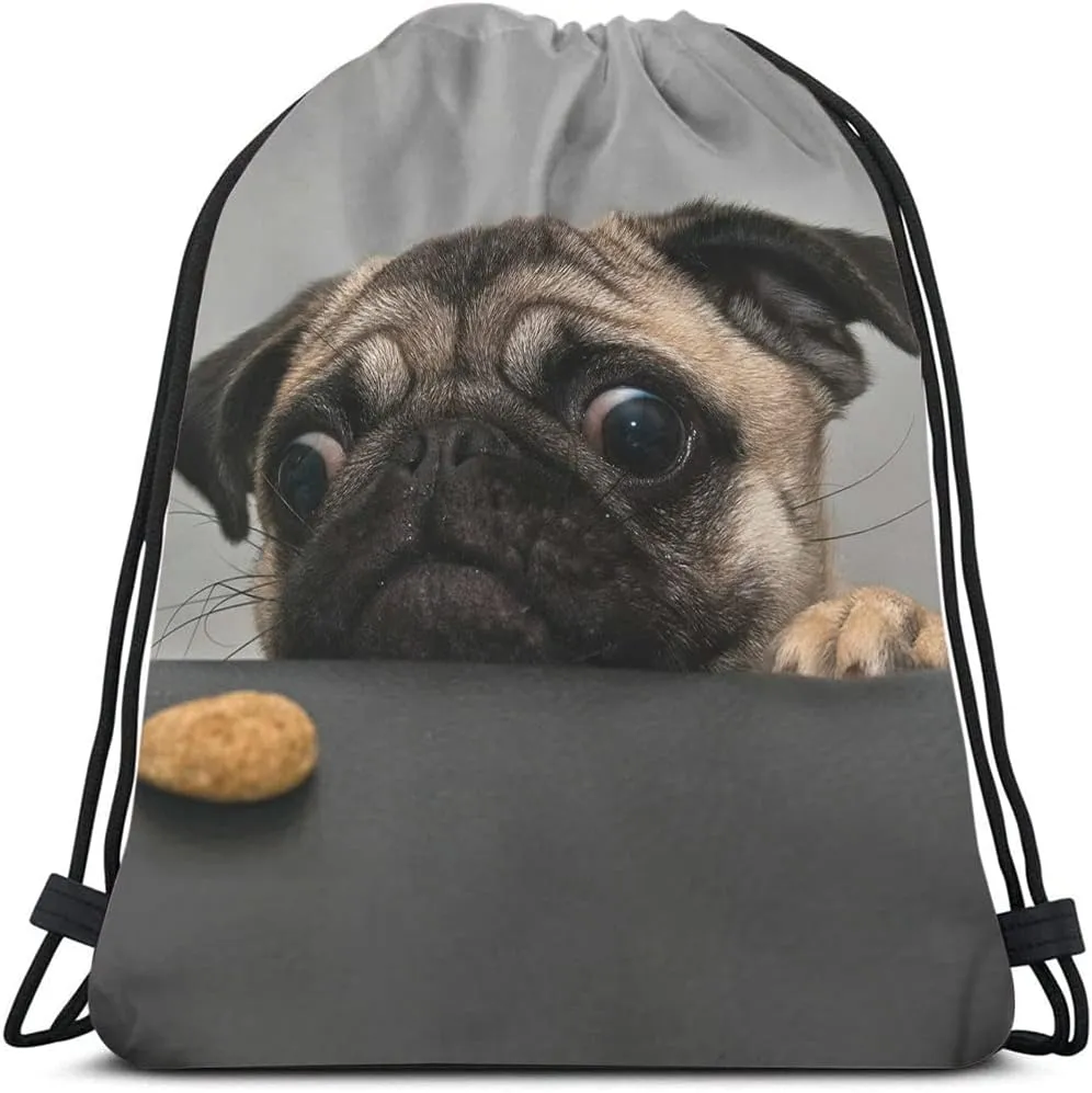 Art Cute Pet Drawstring Bags Backpack Bag Dog Lovely Animal Little Puppy Art Funny Pug Face Eyes Fashion Design Cookie Sport Gym Sack Drawstring Bag String Bag Yoga Bag for Men Women