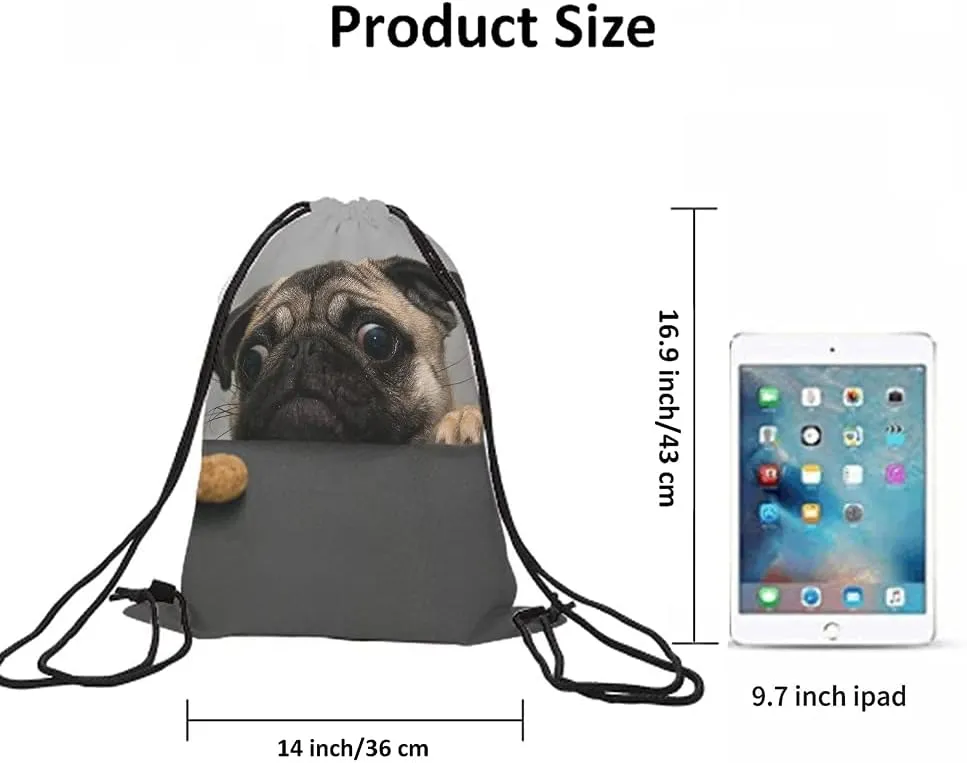 Art Cute Pet Drawstring Bags Backpack Bag Dog Lovely Animal Little Puppy Art Funny Pug Face Eyes Fashion Design Cookie Sport Gym Sack Drawstring Bag String Bag Yoga Bag for Men Women