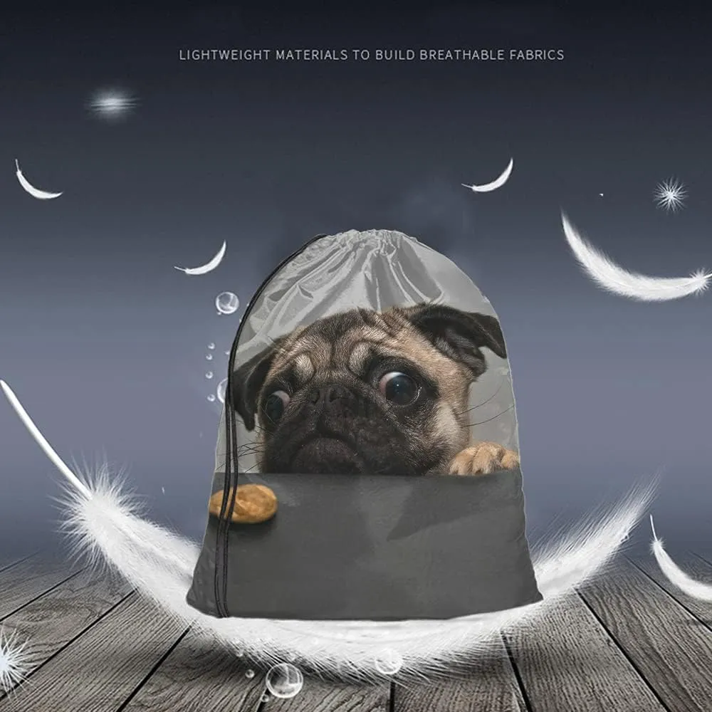Art Cute Pet Drawstring Bags Backpack Bag Dog Lovely Animal Little Puppy Art Funny Pug Face Eyes Fashion Design Cookie Sport Gym Sack Drawstring Bag String Bag Yoga Bag for Men Women
