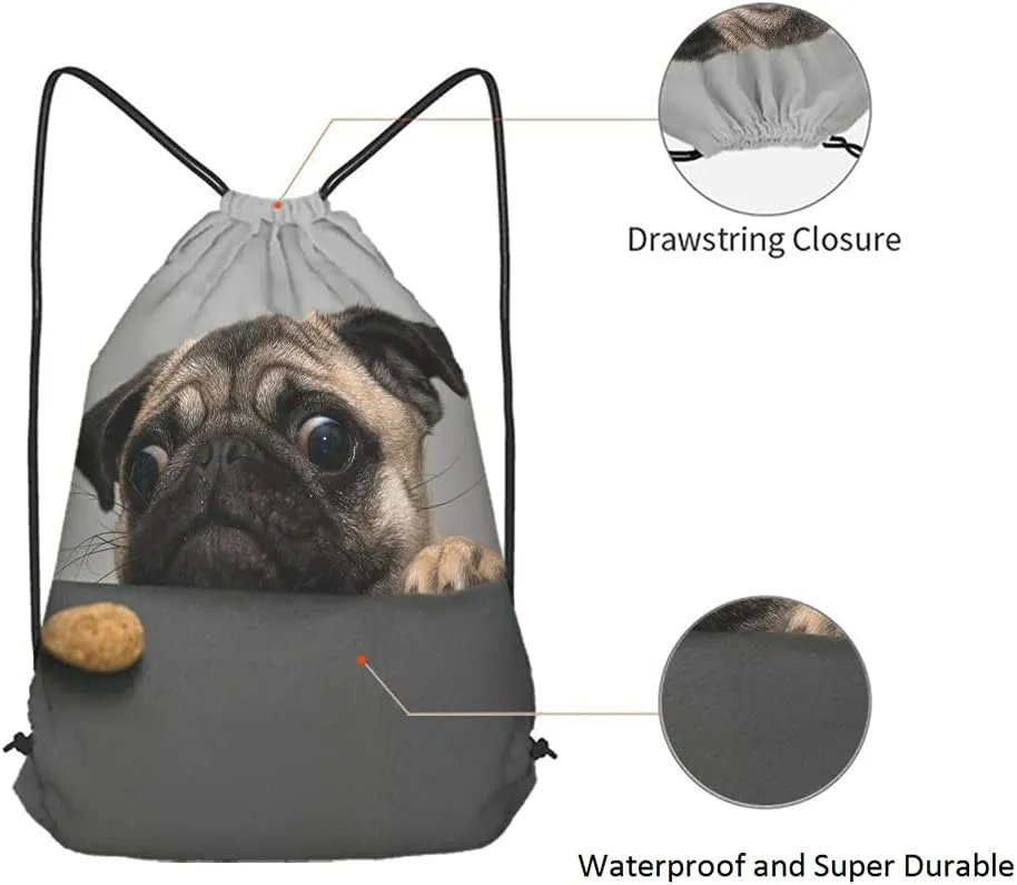 Art Cute Pet Drawstring Bags Backpack Bag Dog Lovely Animal Little Puppy Art Funny Pug Face Eyes Fashion Design Cookie Sport Gym Sack Drawstring Bag String Bag Yoga Bag for Men Women