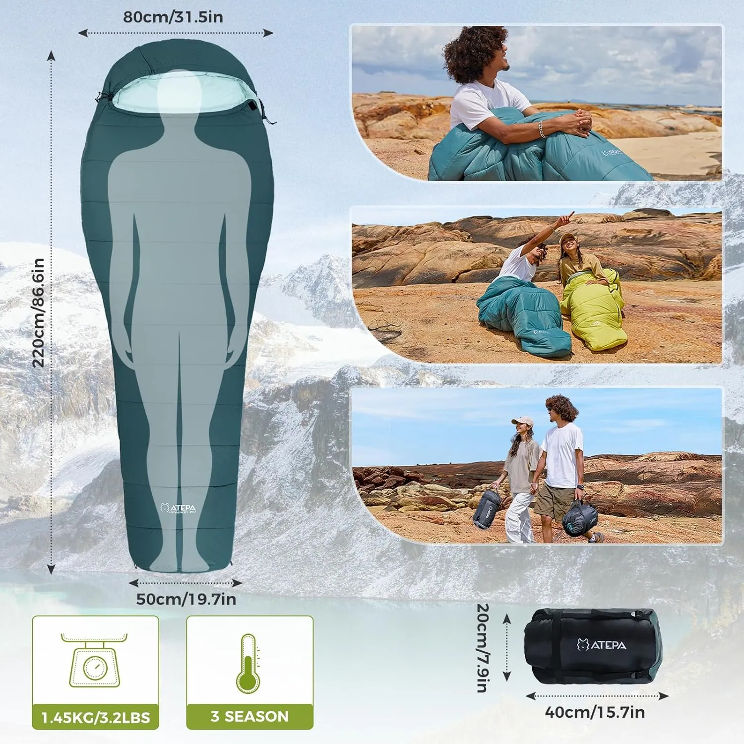 ATEPA Ultralight Sleeping Bag, Warm Weather Compact Packable Synthetic Waterproof Sleeping Bags for Adults with Stuff Sack for Backpacking, Hiking, Camping
