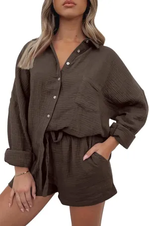 AUTOMET 2 Piece Sets For Women Lounge Wear Matching Two Piece Pajama Fashion Oversized Shirts And Shorts Spring Outfit 2025