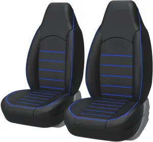 AUTOYOUTH PU Leather Front Car Seat Covers Universal and Compatible High Back Bucket Car Seat Cover Auto Interior Front Seat Cover/Protector (Black Blue)