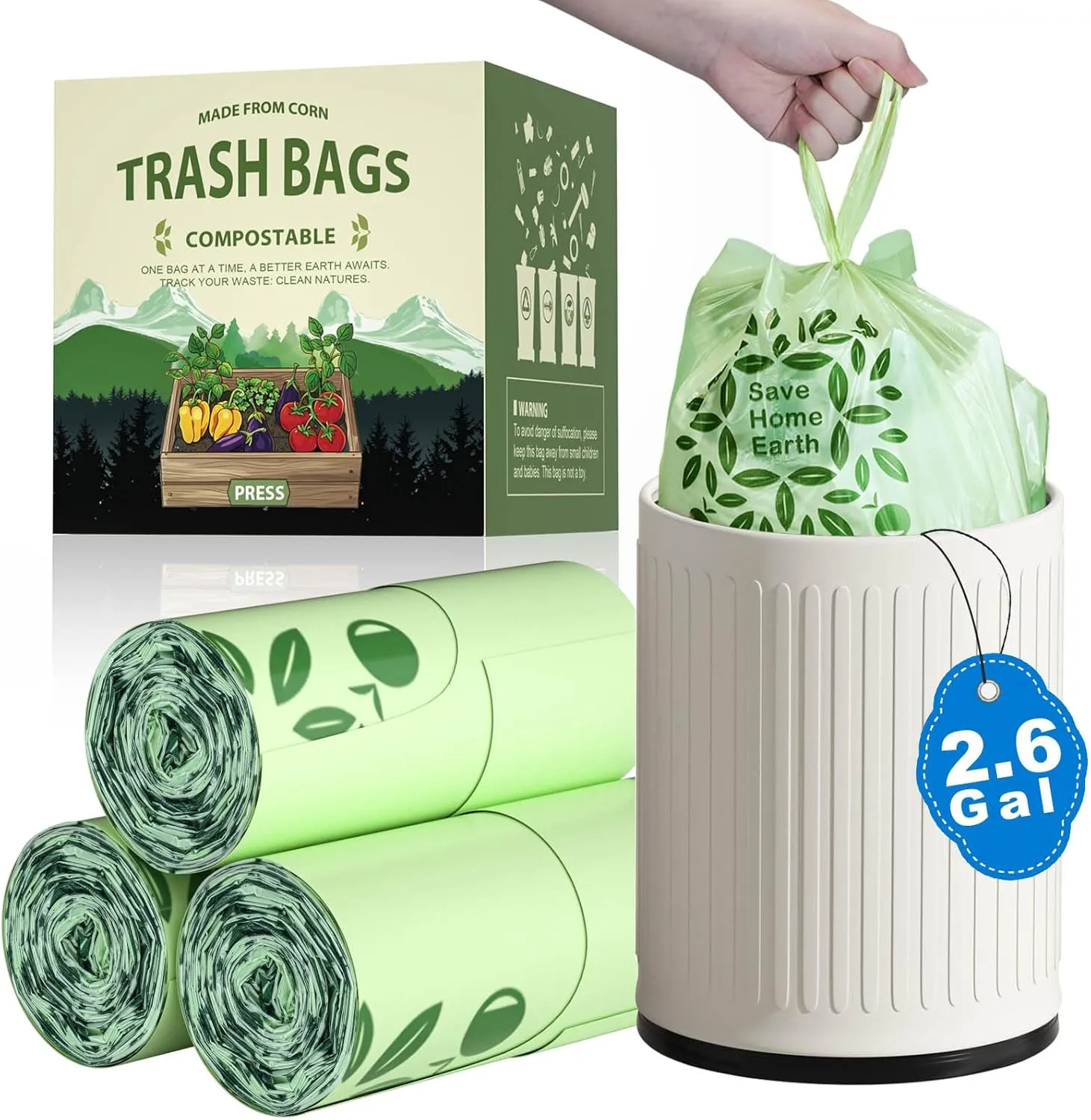 AYOTEE 2.6 Gallon Compost Bags with Handle Tie, 75 Count Small Biodegradable TrashBags 2.6 Gallon Trash Bag, Certified By ASTM Standard Mini Compost Kitchen Food Scrap Waste Bags for Compost Bin Green