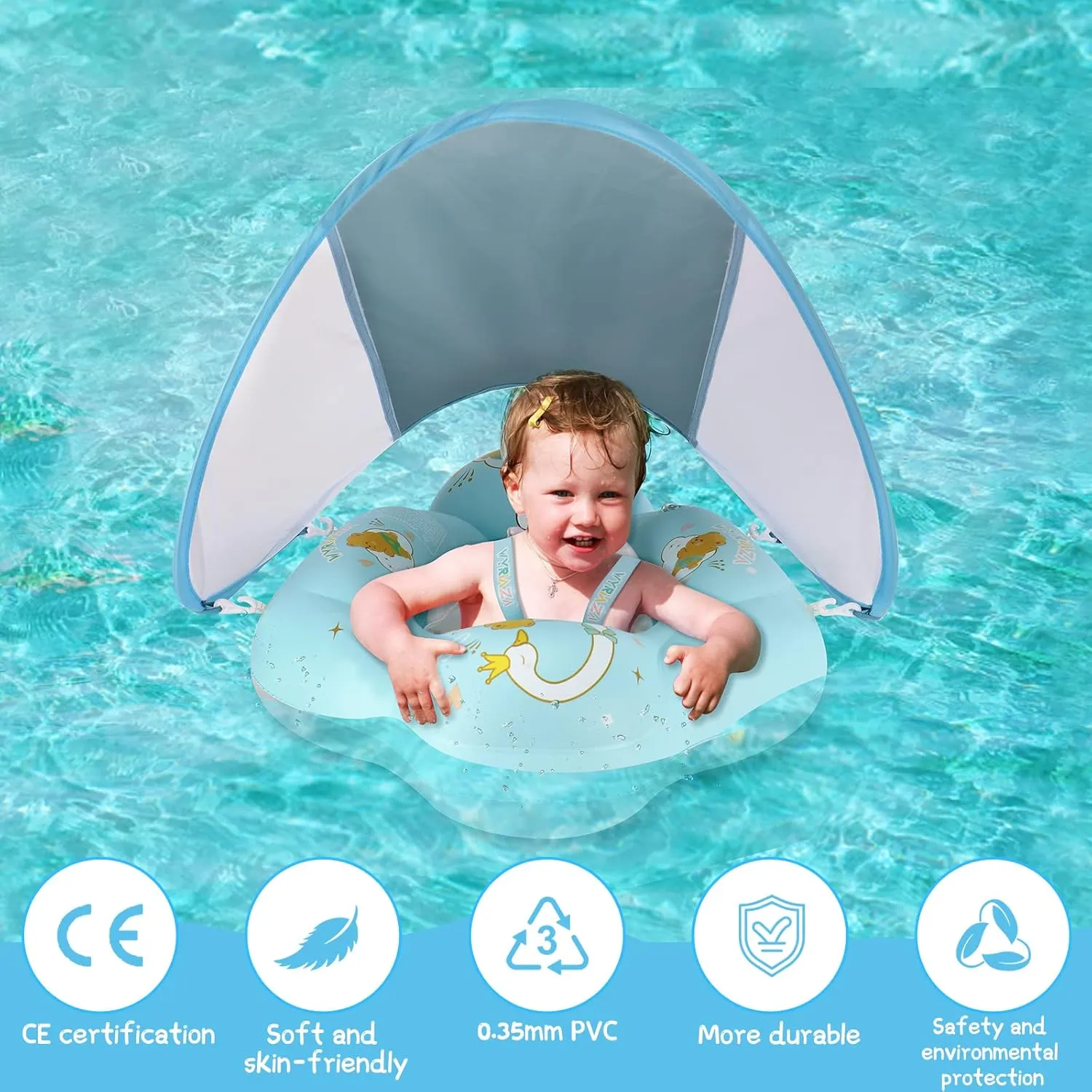 Baby Float with Canopy UPF50  Sun Protection for Infant Newborn Toddler Inflatable Swimming Spring Swim Water Float 0-36 Months with Balance Ball Safety Seat