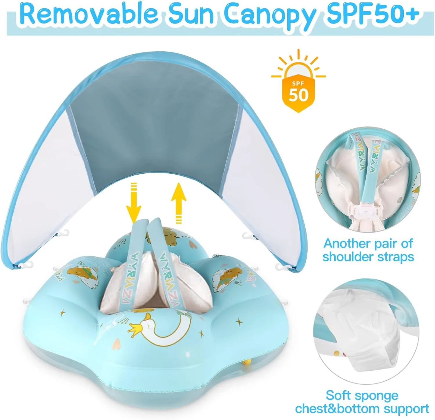 Baby Float with Canopy UPF50  Sun Protection for Infant Newborn Toddler Inflatable Swimming Spring Swim Water Float 0-36 Months with Balance Ball Safety Seat