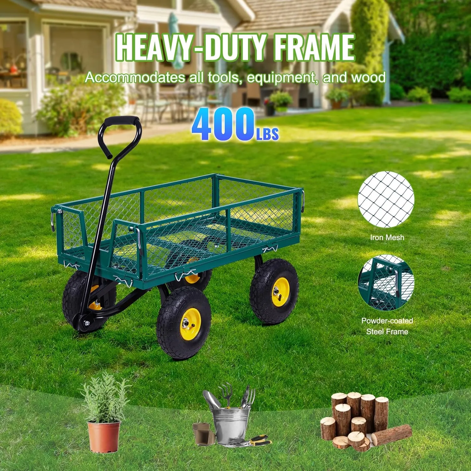 Backyard Expressions Heavy-Duty Steel Garden Cart – 400 lb Capacity, Removable Mesh Sides, Flatbed Convertible Yard Wagon with 10" Pneumatic Tires