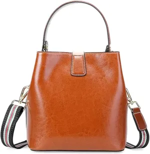 Bag Women's Bag Wax Leather Leather Women's Bag Portable Bucket Bag Everything Sigle Shoulder Crossbody Bag