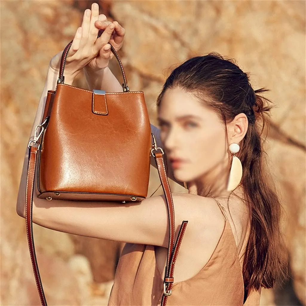 Bag Women's Bag Wax Leather Leather Women's Bag Portable Bucket Bag Everything Sigle Shoulder Crossbody Bag