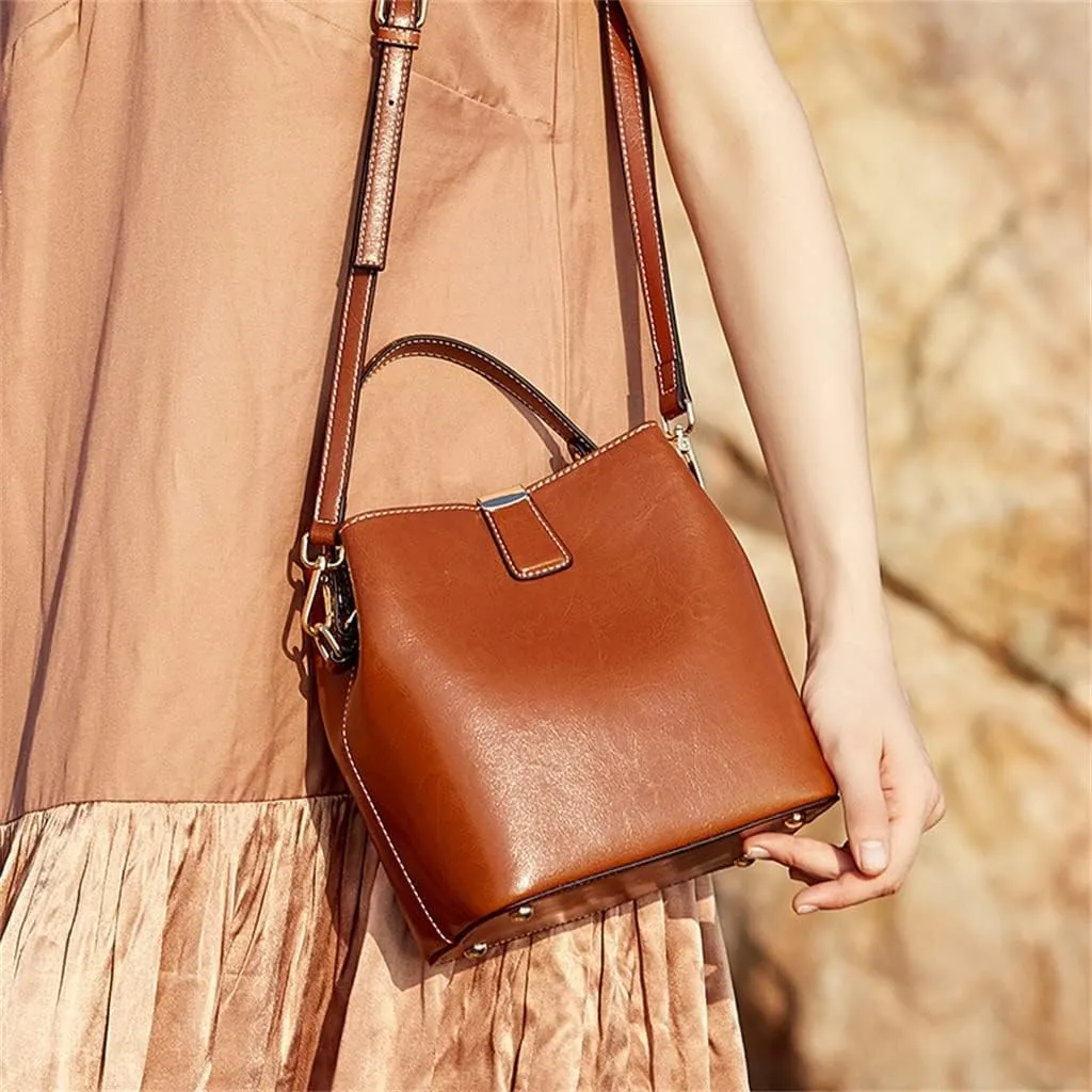 Bag Women's Bag Wax Leather Leather Women's Bag Portable Bucket Bag Everything Sigle Shoulder Crossbody Bag
